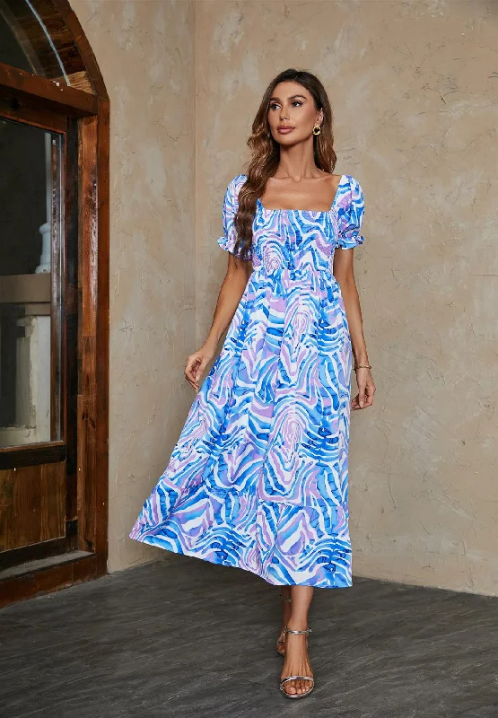 Animal Print Off  Shoulder Maxi Dress In Blue