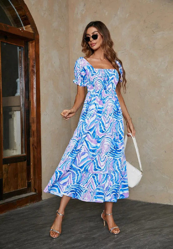 Animal Print Off  Shoulder Maxi Dress In Blue