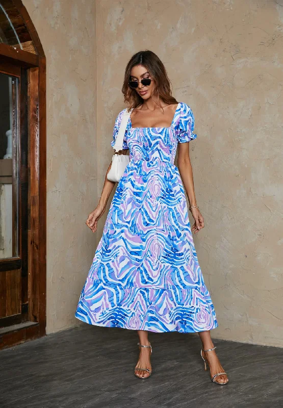 Animal Print Off  Shoulder Maxi Dress In Blue