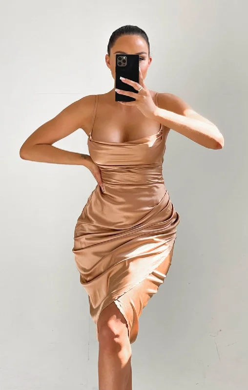 Champagne Satin Cowl Neck Split Asymmetric Strappy Bodycon Midi Dress - Cailleigh