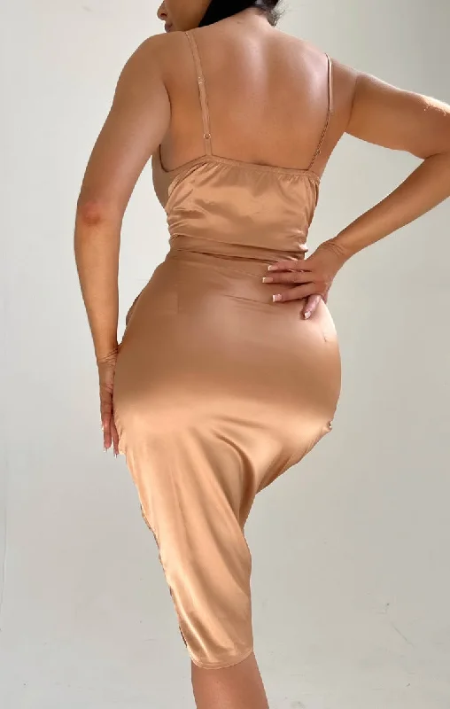 Champagne Satin Cowl Neck Split Asymmetric Strappy Bodycon Midi Dress - Cailleigh