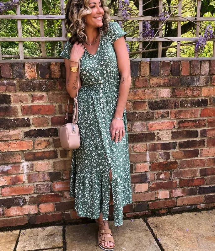 Green Ditsy Button Through Midi Dress