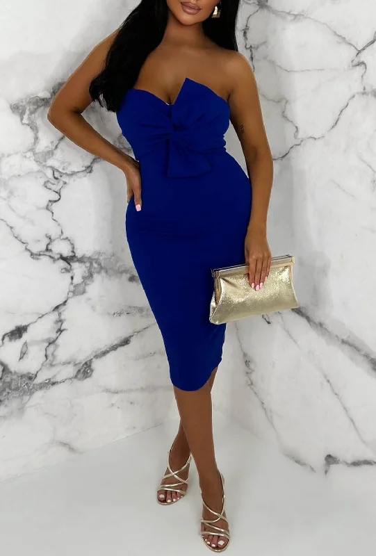 Knot Your Baby Cobalt Twist Front Bandeau Stretch Midi Dress