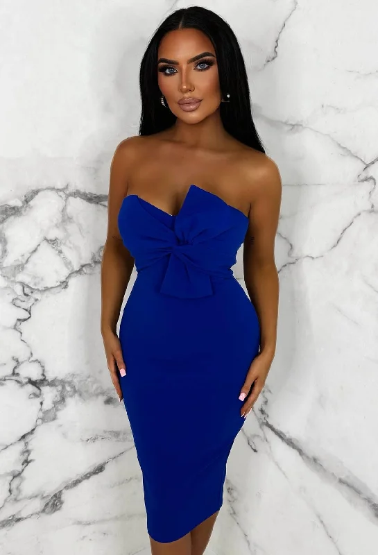 Knot Your Baby Cobalt Twist Front Bandeau Stretch Midi Dress