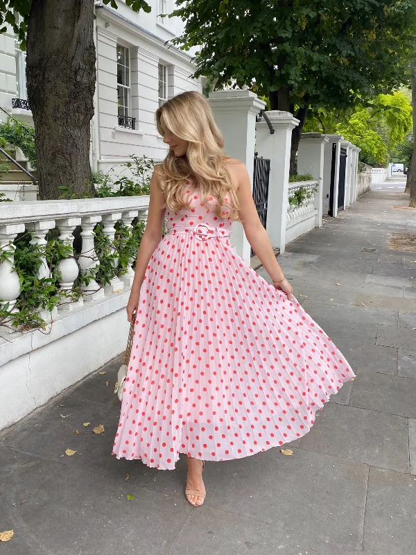 Luisa Belted Pleated Maxi Dress / Pink And Red Spot Print