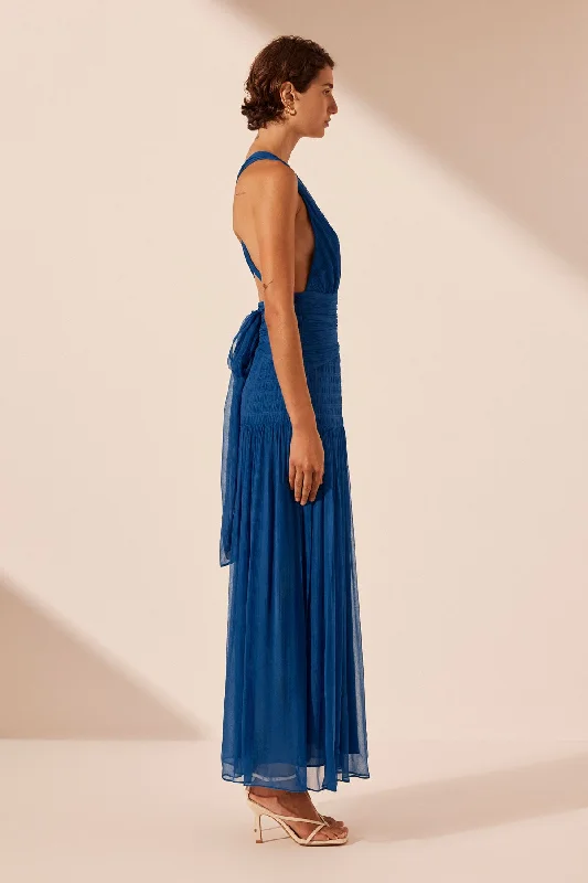 MAYA PLUNGED TIE BACK MIDI DRESS - STRONG BLUE