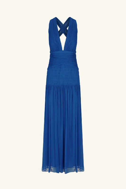 MAYA PLUNGED TIE BACK MIDI DRESS - STRONG BLUE