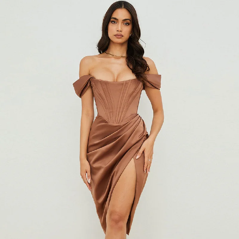 Off Shoulder Draped Corset Cocktail Midi Dress - Chocolate