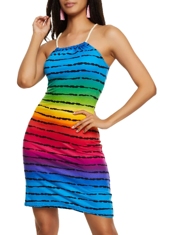 Rainbow Stripe Rope Strap Midi Dress