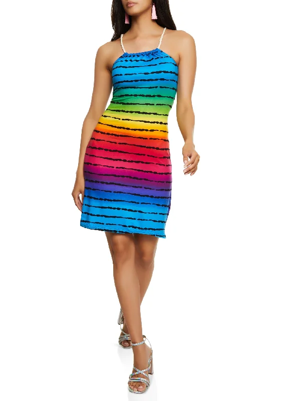 Rainbow Stripe Rope Strap Midi Dress