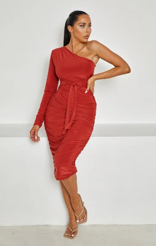 Rust One Shoulder Ruched Slinky Midi Dress - Savannah