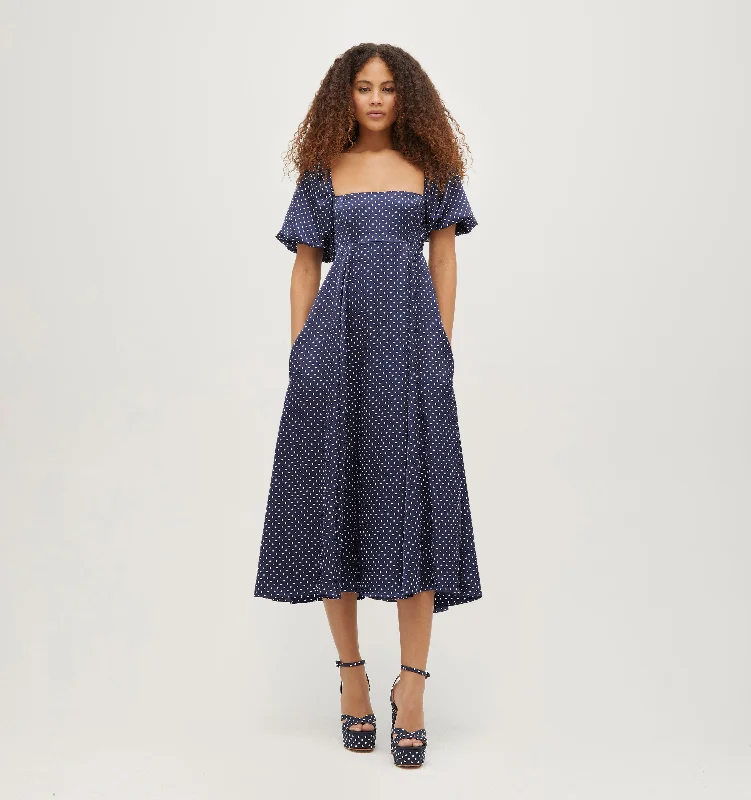 The Matilda Dress - Navy Polka Dot Silky Satin