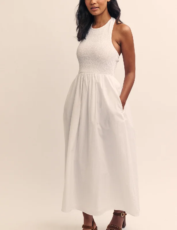 White Halterneck Shirred Tizzy Midi Dress