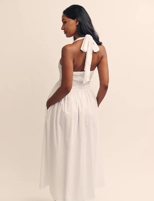 White Halterneck Shirred Tizzy Midi Dress