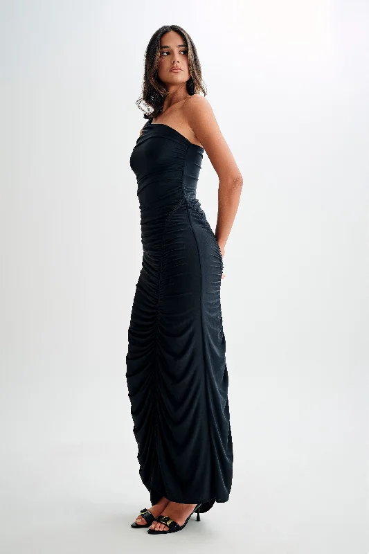 Capri Gathered Slinky Maxi Dress - Black