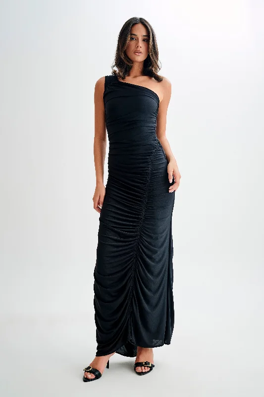 Capri Gathered Slinky Maxi Dress - Black