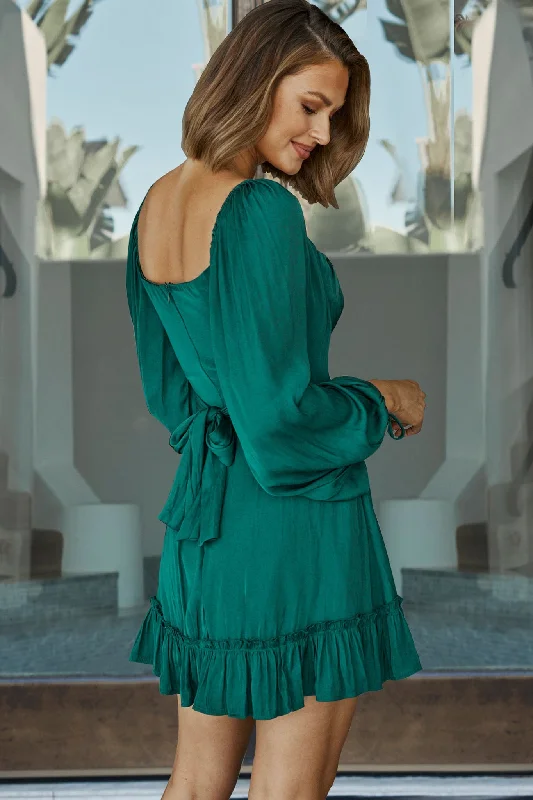 Linka On Or Off-Shoulder Long Sleeve Tie-Back Dress Forest Green