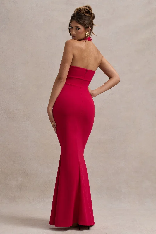 Raelynn | Red Halter-Neck Cut-Out Maxi Dress With Bow