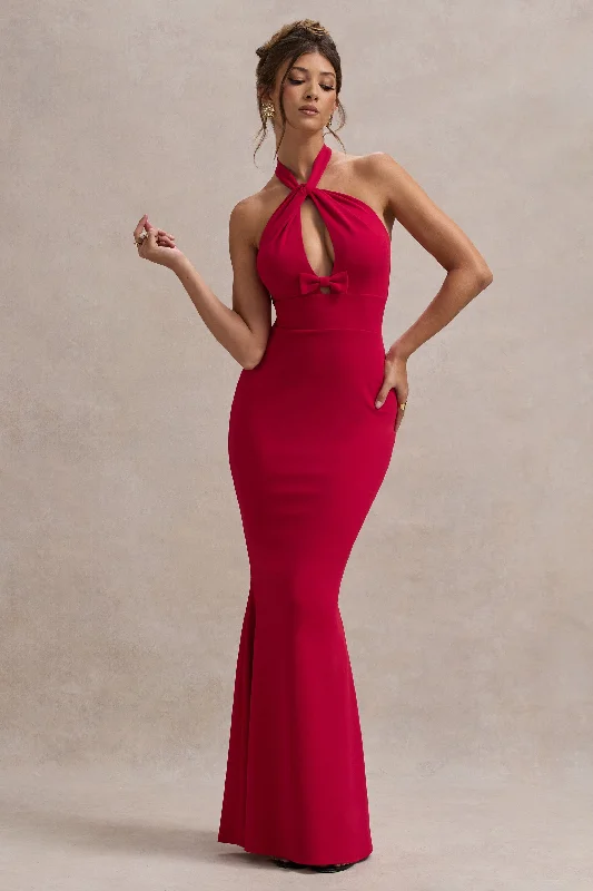 Raelynn | Red Halter-Neck Cut-Out Maxi Dress With Bow