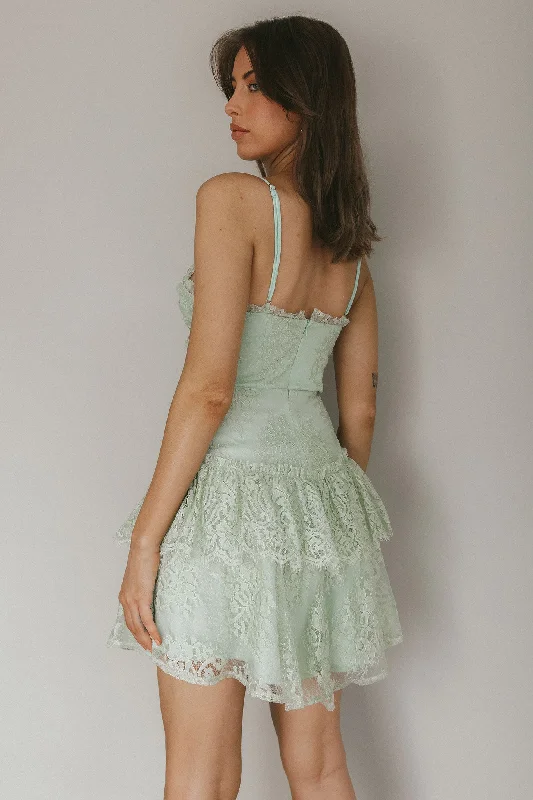 St Tropez Cami Strap Frill Trim Lace Mini Dress Sage