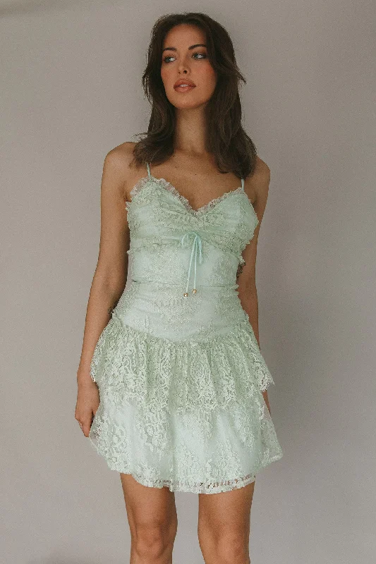 St Tropez Cami Strap Frill Trim Lace Mini Dress Sage