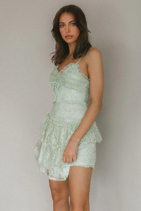 St Tropez Cami Strap Frill Trim Lace Mini Dress Sage