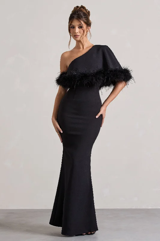 Valor | Black Asymmetric Maxi Dress With Feather Trim