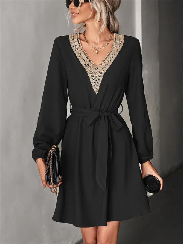 Fashion V-neck Solid Color Long Sleeve Dress