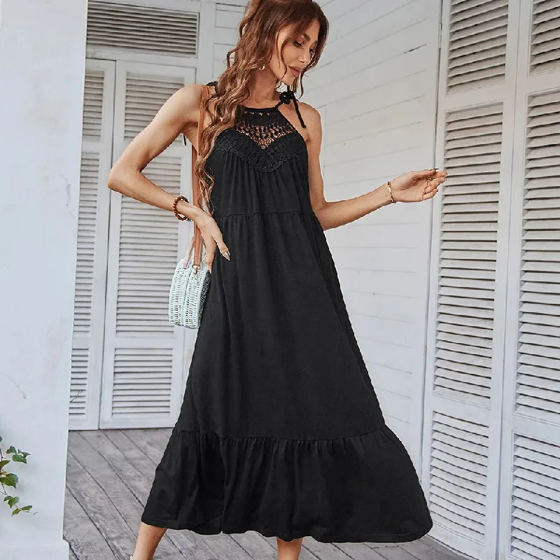 FashionSierra-Beach Lace Crochet  Hollow Out  Sexy Strap  For Women  2024  Sleeveless  Knit  Summer  Long  Casual  Vestidos Boho Dress