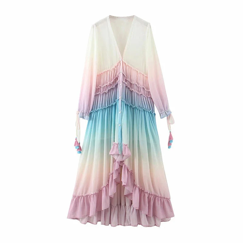 FashionSierra-Rainbow Irregular Chiffon Women Vintage Deep V-neck Long Sleeve Tiered Ruffle Autumn Beach Vestidos Boho Dress