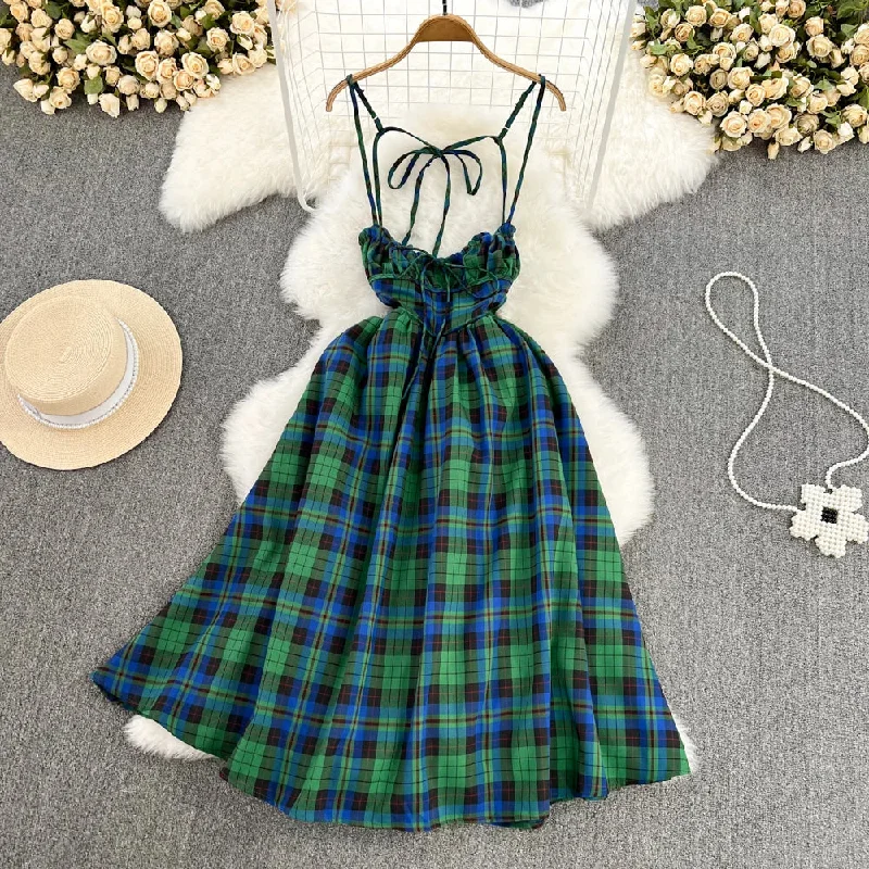 FashionSierra-Sexy  Sleeveless  Backless  Strap  For Women  Robe  Vintage  Green Plaid  Long  Summer  Beach Wear  Vestidos Boho Dress