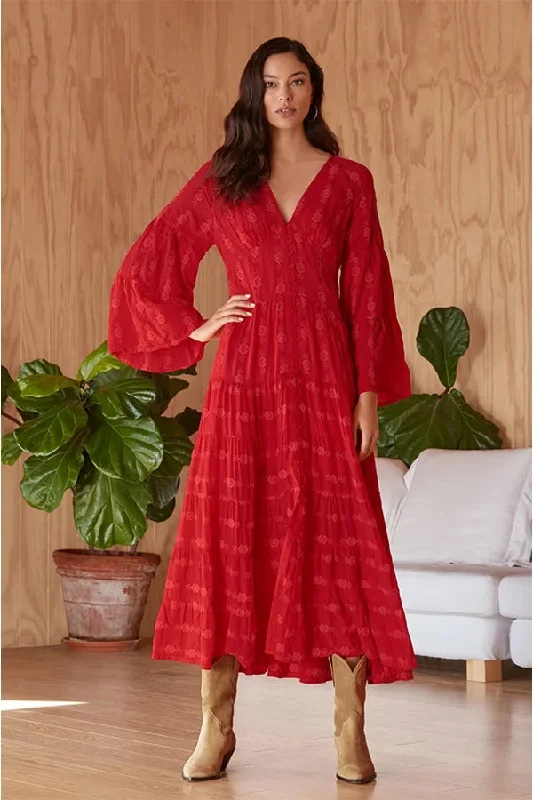 FashionSierra-Vintage  Deep V Neck  Flare  Long Sleeve  Casual  Floral Embroidery  Cotton  Autumn Boho Dress