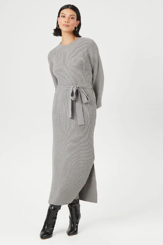 Forever 21 Knit Women's Tie-Front Midi Sweater Winter Dress Grey