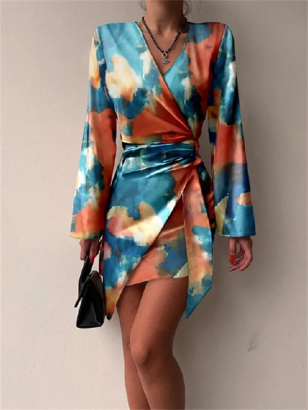 Long Sleeve Printed V-neck Sexy Irregular Dress