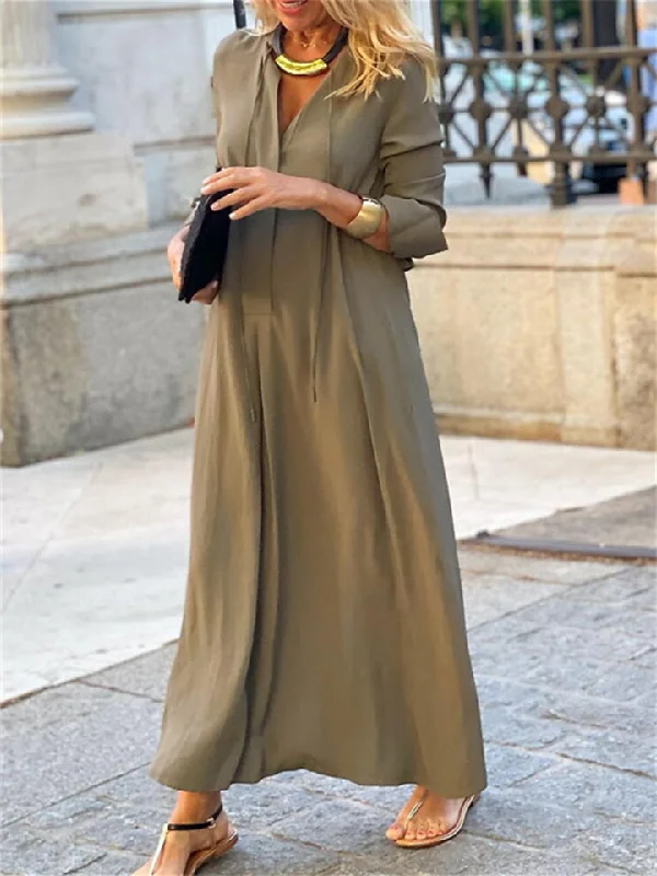 New Swing Dress Solid Color Lapel Long Sleeve Simple Comfortable Casual Long Shirt Commuter Style Dresses