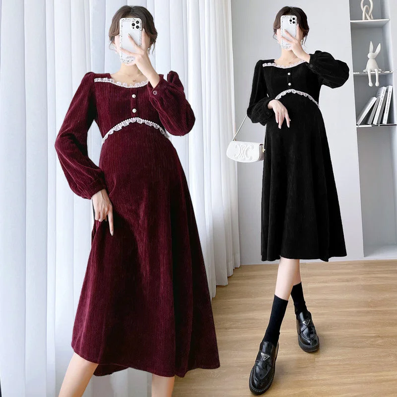 NiDELL Autumn Clothes for Pregnant Women Dress . New Fashion Temperament High Waist Maternity Dress Loose out Autumn and Winter Long Dress Autumn