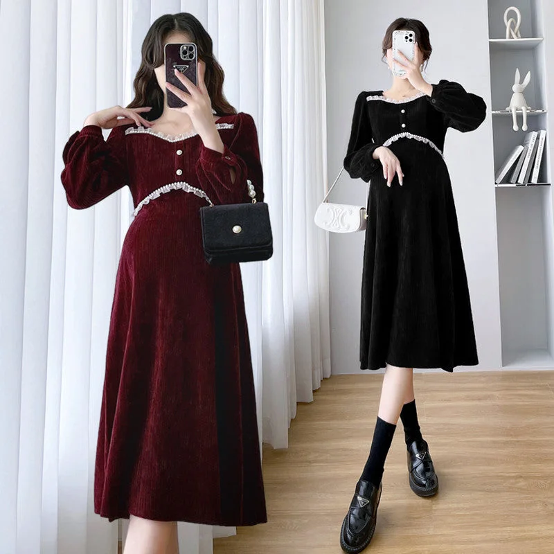 NiDELL Autumn Clothes for Pregnant Women Dress . New Fashion Temperament High Waist Maternity Dress Loose out Autumn and Winter Long Dress Autumn