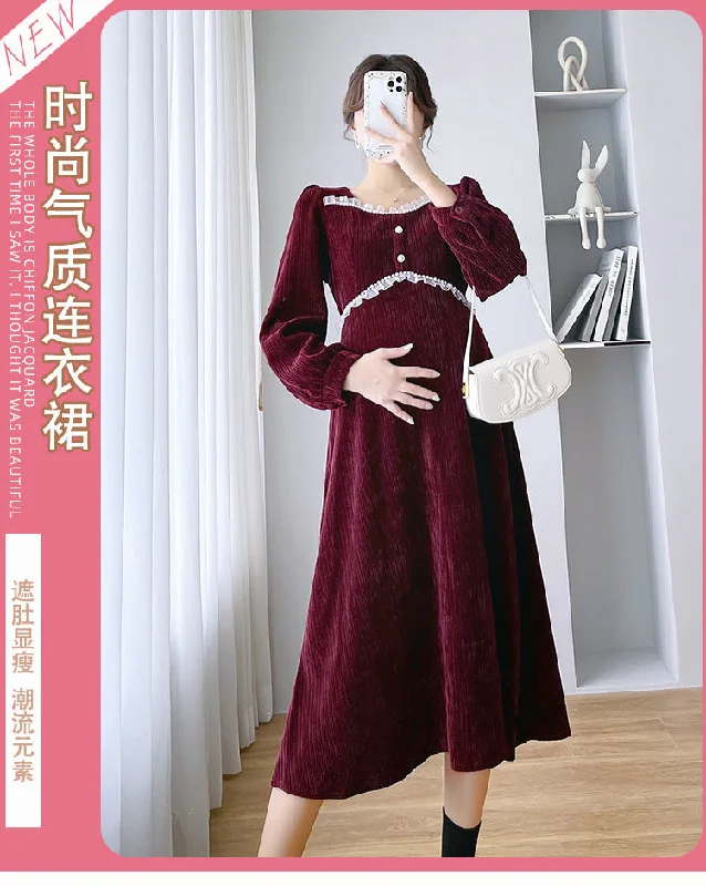 NiDELL Autumn Clothes for Pregnant Women Dress . New Fashion Temperament High Waist Maternity Dress Loose out Autumn and Winter Long Dress Autumn