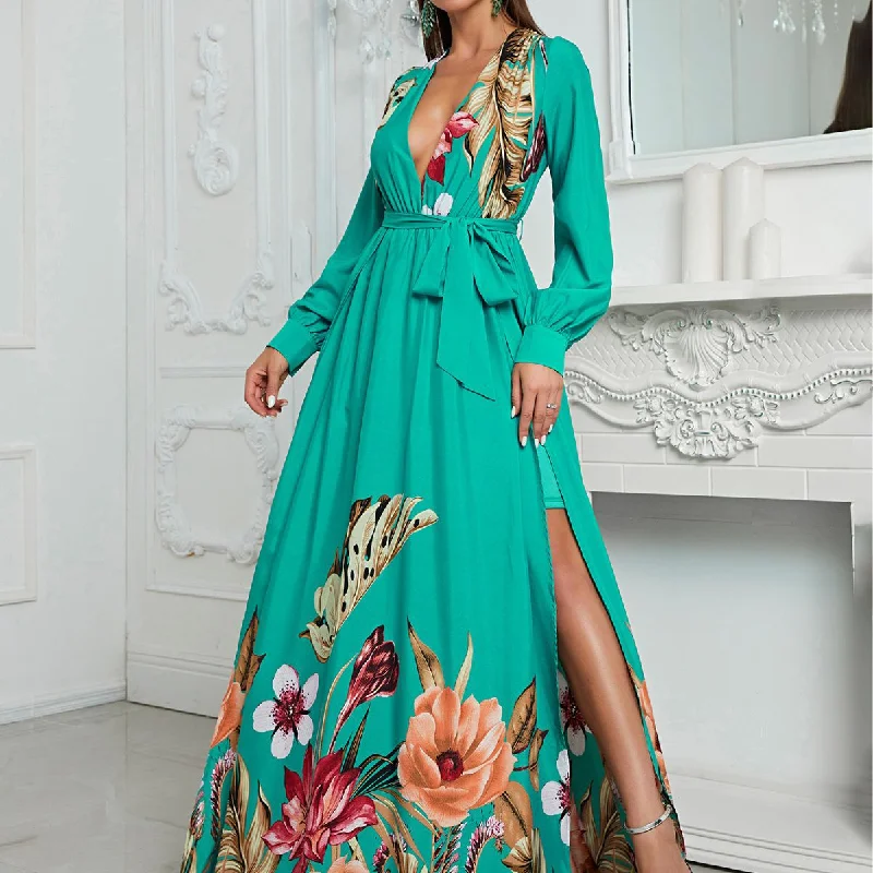 NiDELL Cross-Border Chiffon Dress Spring and Summer Chiffon Deep V-neck Sexy Dress Long Sleeve Holiday Dress-SSN042-1