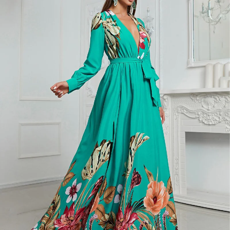 NiDELL Cross-Border Chiffon Dress Spring and Summer Chiffon Deep V-neck Sexy Dress Long Sleeve Holiday Dress-SSN042-1