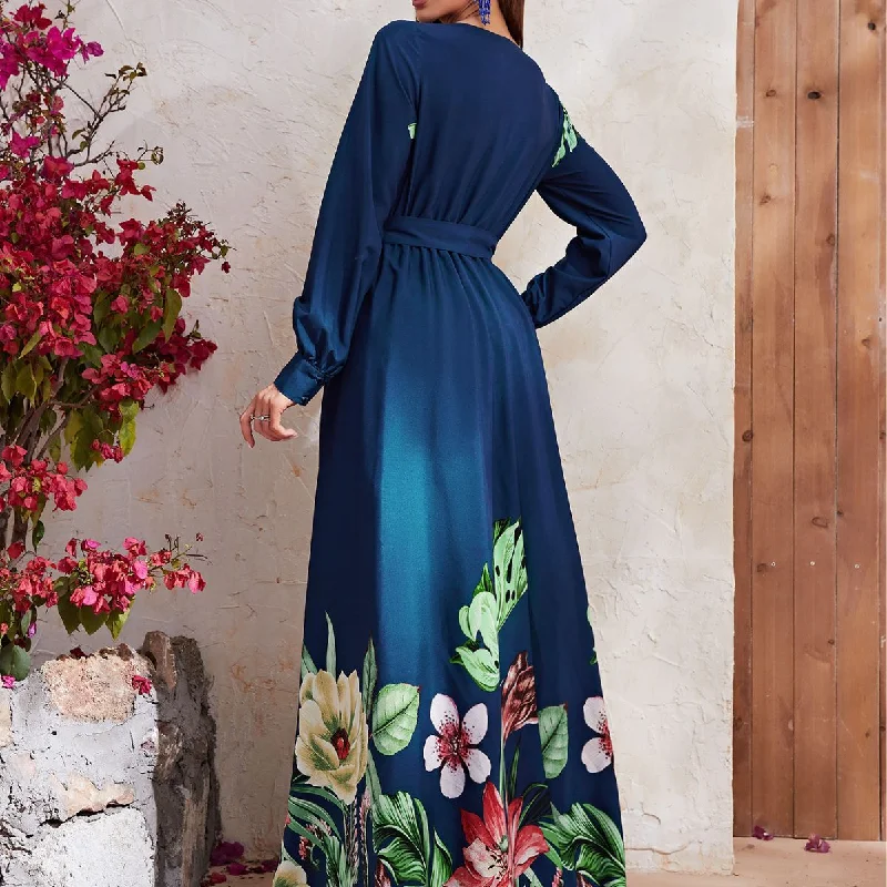 NiDELL Hot Chiffon Dress European and American Chiffon Printed Deep V-neck Long Sleeve Holiday Dress-Ssn042