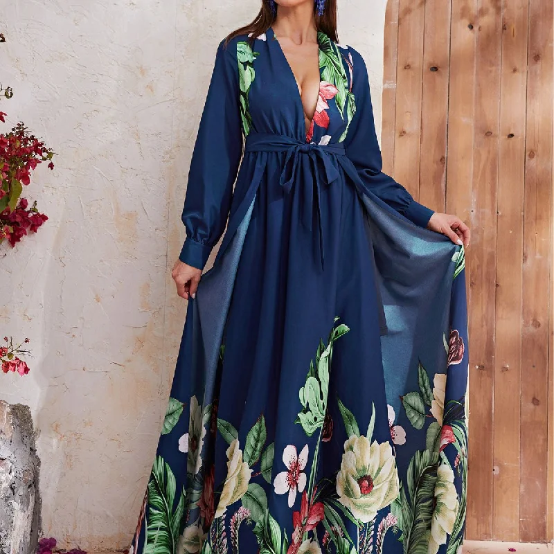 NiDELL Hot Chiffon Dress European and American Chiffon Printed Deep V-neck Long Sleeve Holiday Dress-Ssn042