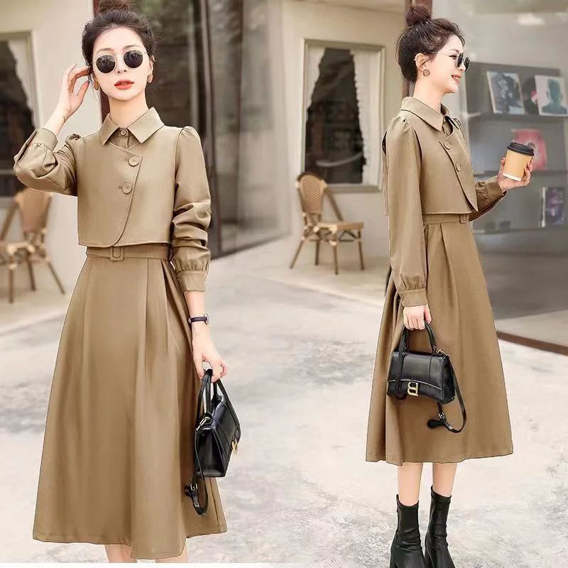 NiDELL Long Sleeve Dress for Women Spring and Autumn . Autumn New Elegant High Sense French Vest Shirt Skirt Two-Piece Set