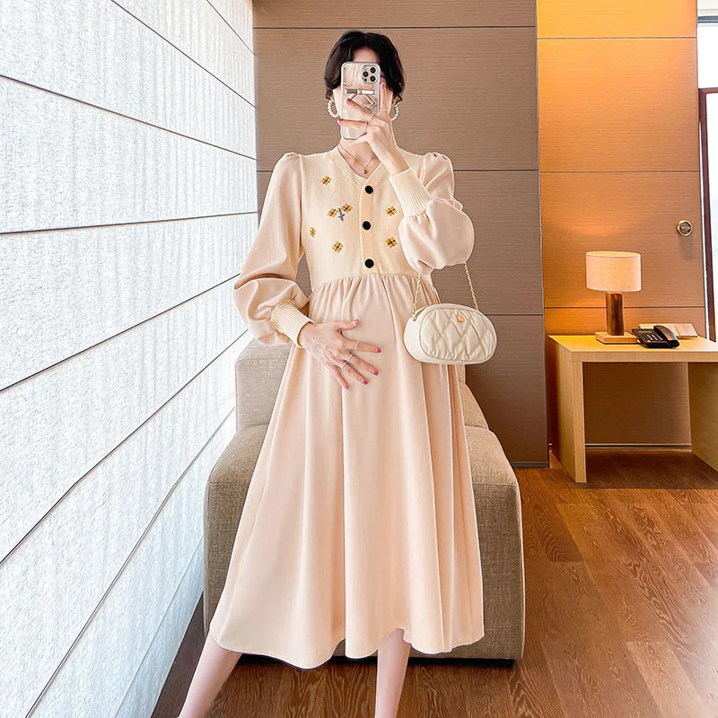 NiDELL Maternity Dress . Autumn and Winter Korean Style Fashion Knitted Stitching Embroidered Maternity Dress Slimming Hot Mom Bottoming Skirt