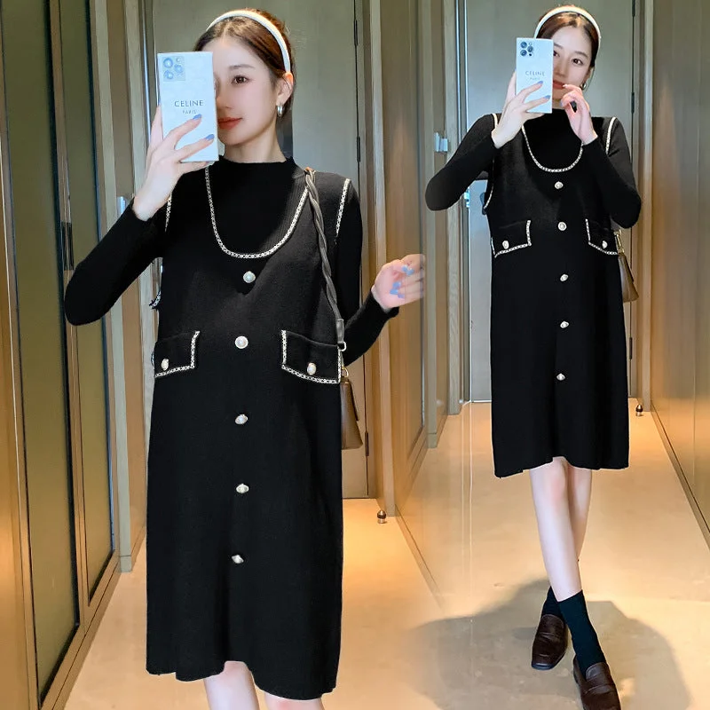 NiDELL Maternity Dress . Autumn and Winter New Core-Spun Yarn Bottoming Shirt Classic Style Two-Piece Dress