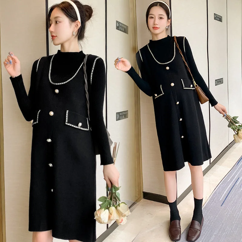 NiDELL Maternity Dress . Autumn and Winter New Core-Spun Yarn Bottoming Shirt Classic Style Two-Piece Dress