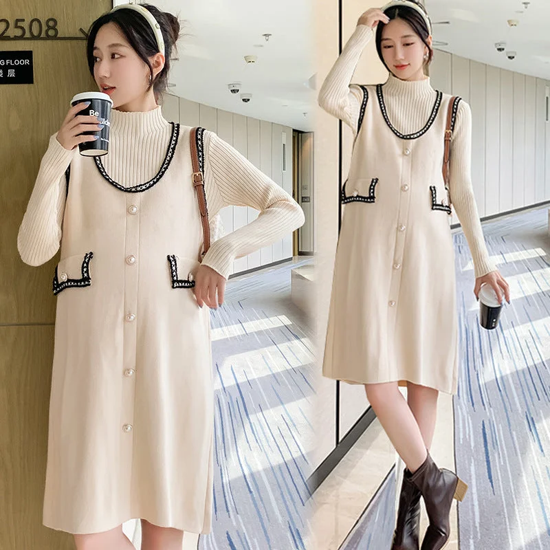 NiDELL Maternity Dress . Autumn and Winter New Core-Spun Yarn Bottoming Shirt Classic Style Two-Piece Dress