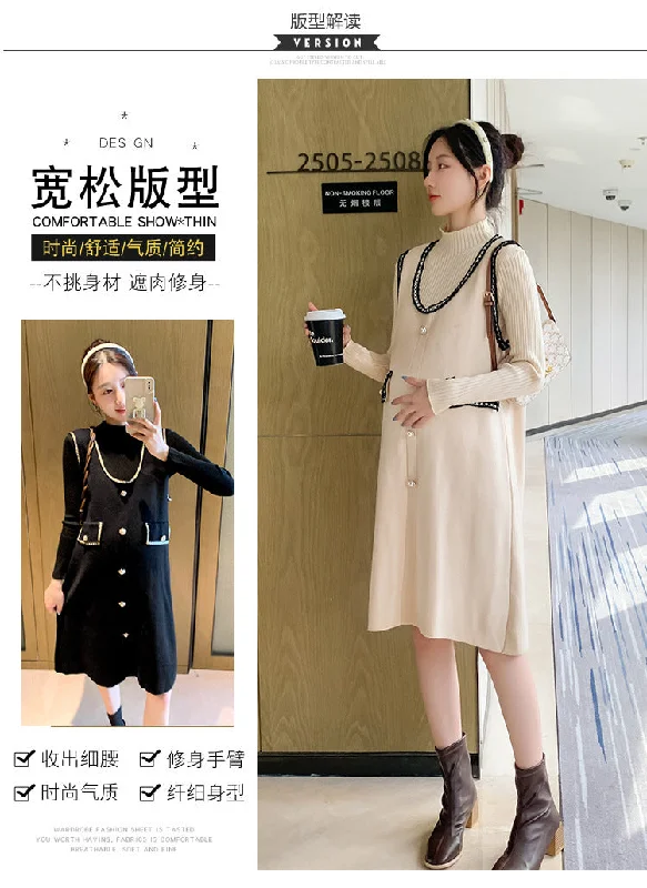 NiDELL Maternity Dress . Autumn and Winter New Core-Spun Yarn Bottoming Shirt Classic Style Two-Piece Dress