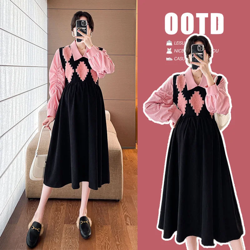 NiDELL Maternity Dress . Autumn and Winter New Knitted Stitching Slimming Maternity Dress Fashion Peter Pan Collar Korean Maternity Dress