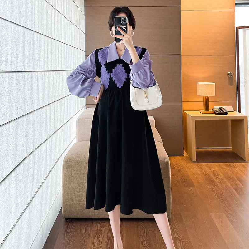 NiDELL Maternity Dress . Autumn and Winter New Knitted Stitching Slimming Maternity Dress Fashion Peter Pan Collar Korean Maternity Dress